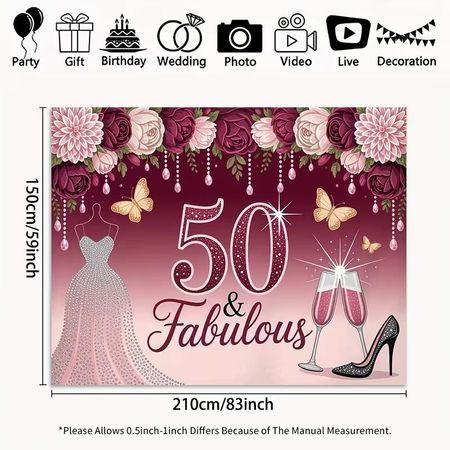 2D Flat Women s 50th Birthday Backdrop Burgundy Rose & Champagne 47.2x31.5inch/120*80cm