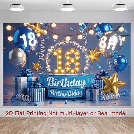 2D Blue Silver 18th Birthday Party Backdrop, Neon Light 18 Photo Booth Background for Boys 47.2x31.5inch/120*80cm
