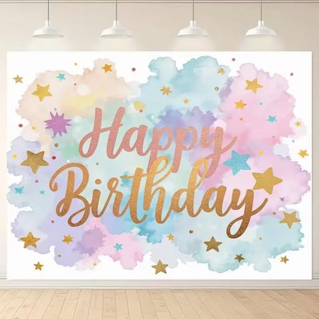 2D Gold Glitter Happy Birthday Backdrop Pastel Watercolor Photography Prop 47.2x31.5inch/120*80cm